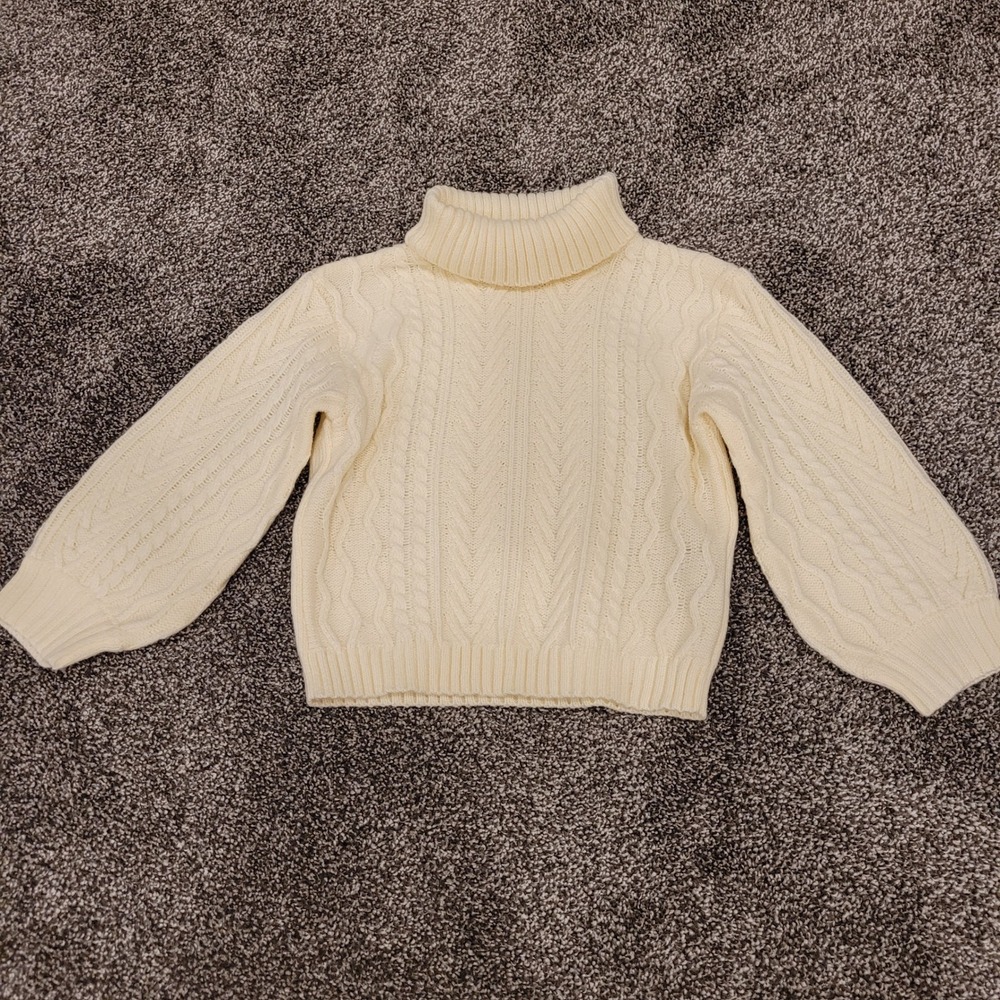 SHEIN Kids Cream Cable Knit Turtleneck Sweater Balloon Sleeve Ivory 12-18M